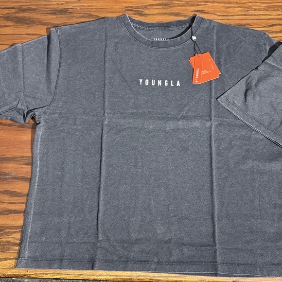 YoungLA 4048 Mens M Black Washed Cotton BlackLetter Logo Oversized SS Tee NWT - Picture 2 of 8